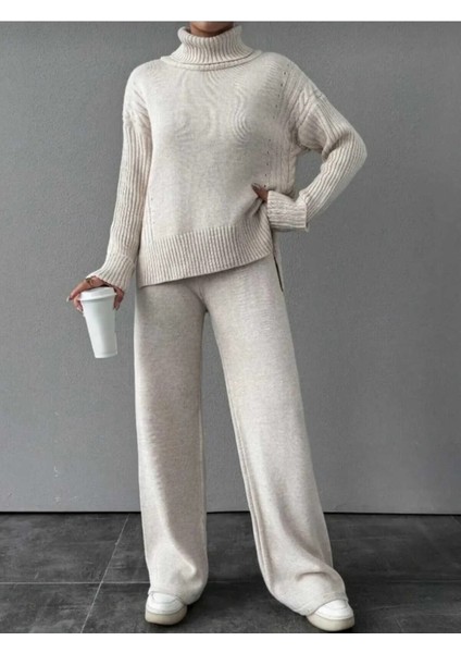 Kadın Fitilli Yaka Saç Örgü Desenli Yanlardan Yırtmaçlı Triko Takım Antrasit - Ten