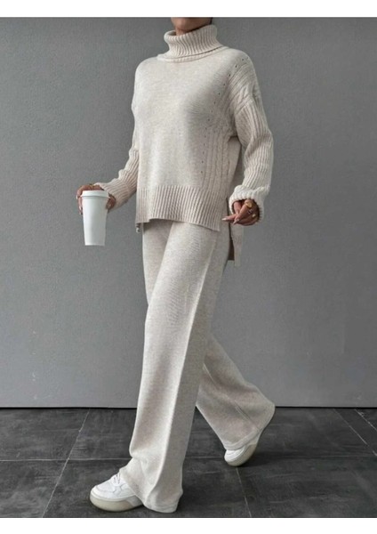 Kadın Fitilli Yaka Saç Örgü Desenli Yanlardan Yırtmaçlı Triko Takım Antrasit - Ten fiyatları