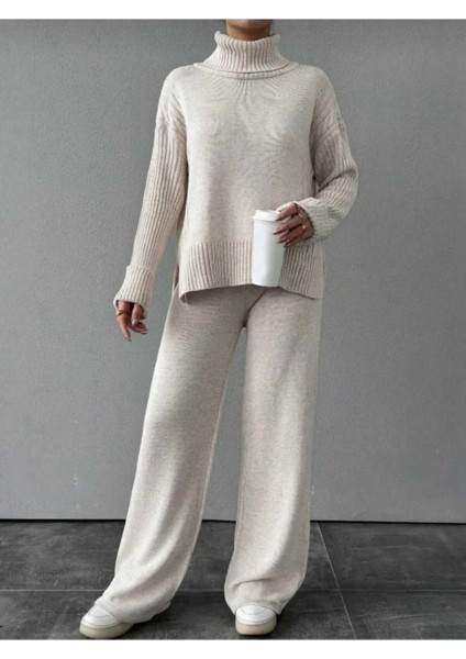 Kadın Fitilli Yaka Saç Örgü Desenli Yanlardan Yırtmaçlı Triko Takım Antrasit - Ten modelleri