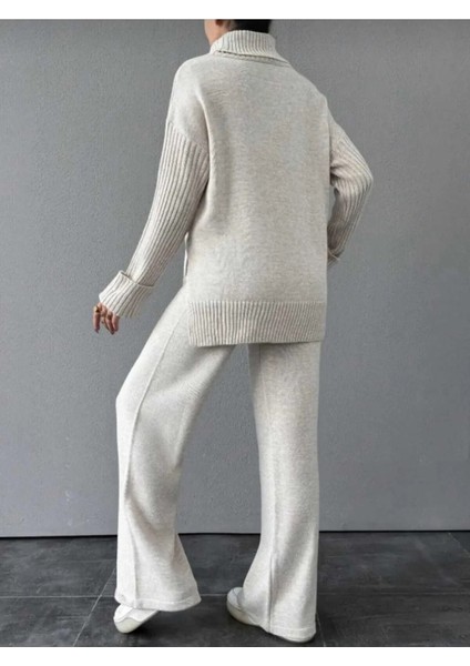 Kadın Fitilli Yaka Saç Örgü Desenli Yanlardan Yırtmaçlı Triko Takım Antrasit - Ten indirimleri