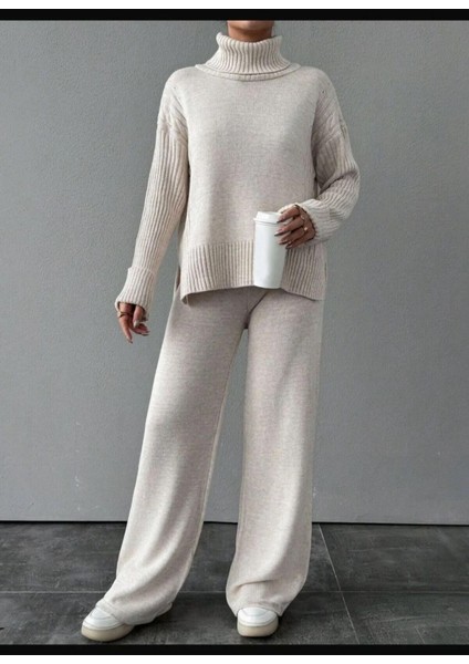 Kadın Fitilli Yaka Saç Örgü Desenli Yanlardan Yırtmaçlı Triko Takım Antrasit - Ten