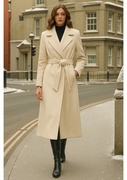 Kadın Kruvaze Premium Krem Kaşe Kaban