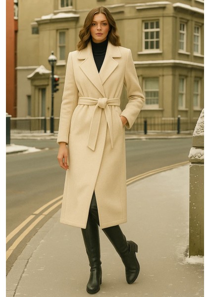 Kadın Kruvaze Premium Krem Kaşe Kaban modelleri