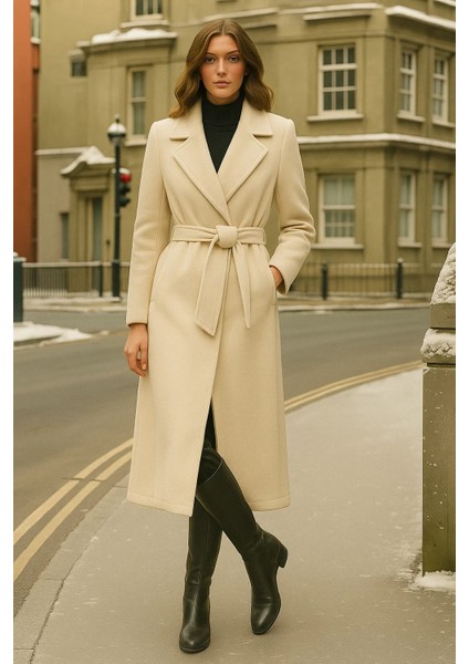 Kadın Kruvaze Premium Krem Kaşe Kaban fırsatları