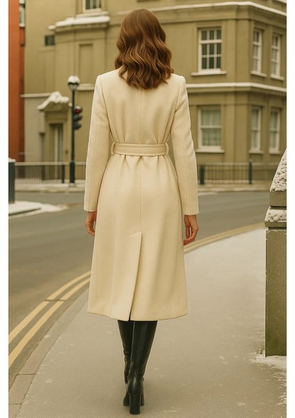 Kadın Kruvaze Premium Krem Kaşe Kaban