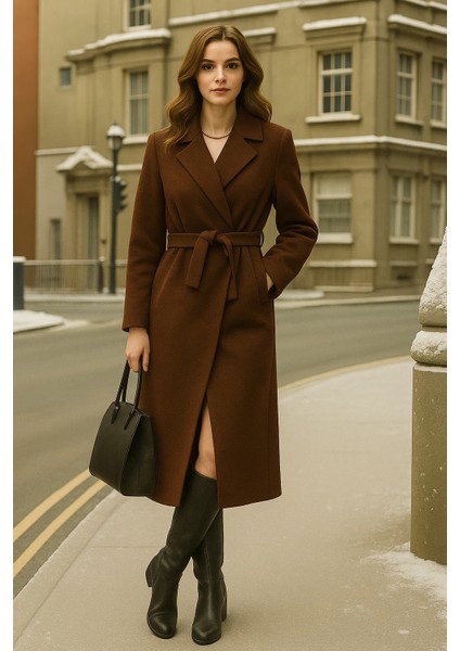 Kadın Kruvaze Premium Kahve Kaşe Kaban fırsatları