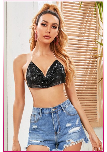 Kadın Parlak Taşlı Payetli Mini Crop Kayık Yaka Seksi Zincirli Bluz Zırh Büstiyer