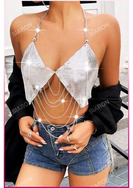 Desenli Zincirli Işıltılı Halter Yaka Parti Üstü & Kadın Gecelik Bluz fiyatları