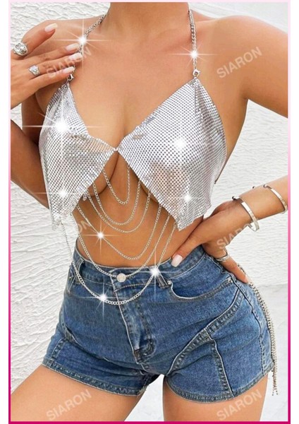 Desenli Zincirli Işıltılı Halter Yaka Parti Üstü & Kadın Gecelik Bluz fırsatları