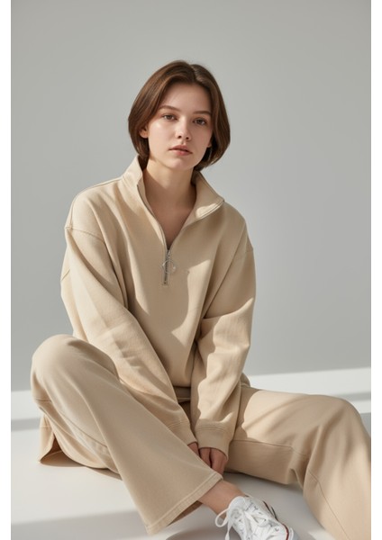 Yarım Ferumarlı Orjinal Keten Ikili Sweat ve Pantolon Takım - Bej