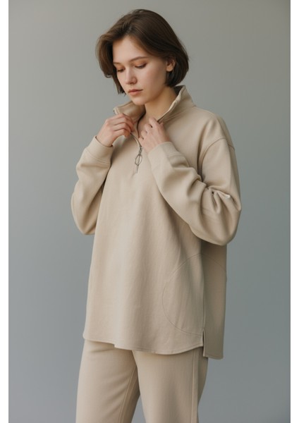 Yarım Ferumarlı Orjinal Keten Ikili Sweat ve Pantolon Takım - Bej fiyatları