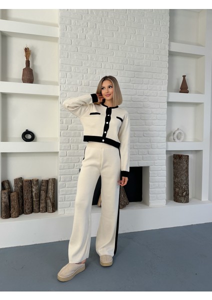 Krem Singa Garnili Şerit Detay Uzun Kol Crop-Pantolon Triko Pamuk Kadın Alt-Üst Takım modelleri