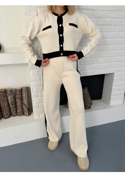 Krem Singa Garnili Şerit Detay Uzun Kol Crop-Pantolon Triko Pamuk Kadın Alt-Üst Takım