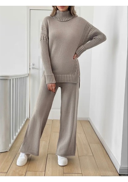 Kadın Fitilli Yaka Saç Örgü Desenli Yanlardan Yırtmaçlı Triko Takım Antrasit - Gri modelleri