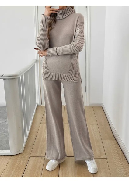 Kadın Fitilli Yaka Saç Örgü Desenli Yanlardan Yırtmaçlı Triko Takım Antrasit - Gri fırsatları