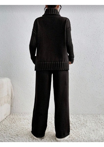 Kadın Fitilli Yaka Saç Örgü Desenli Yanlardan Yırtmaçlı Triko Takım Antrasit - Siyah fiyatları