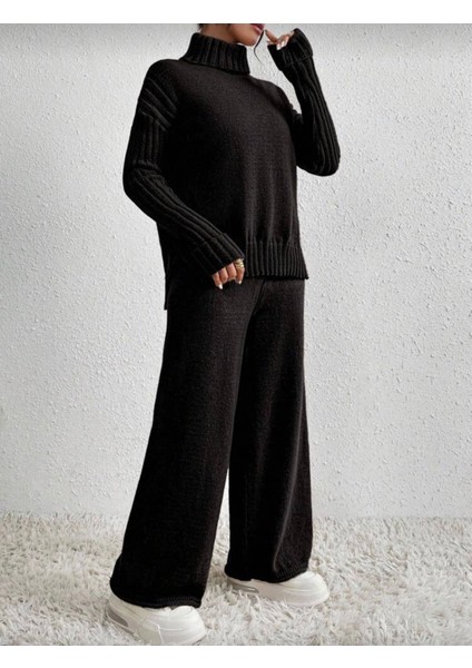 Kadın Fitilli Yaka Saç Örgü Desenli Yanlardan Yırtmaçlı Triko Takım Antrasit - Siyah fırsatları