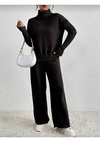 Kadın Fitilli Yaka Saç Örgü Desenli Yanlardan Yırtmaçlı Triko Takım Antrasit - Siyah indirimleri