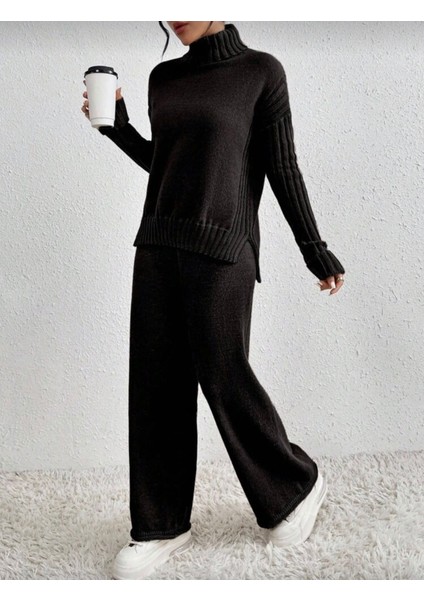 Kadın Fitilli Yaka Saç Örgü Desenli Yanlardan Yırtmaçlı Triko Takım Antrasit - Siyah