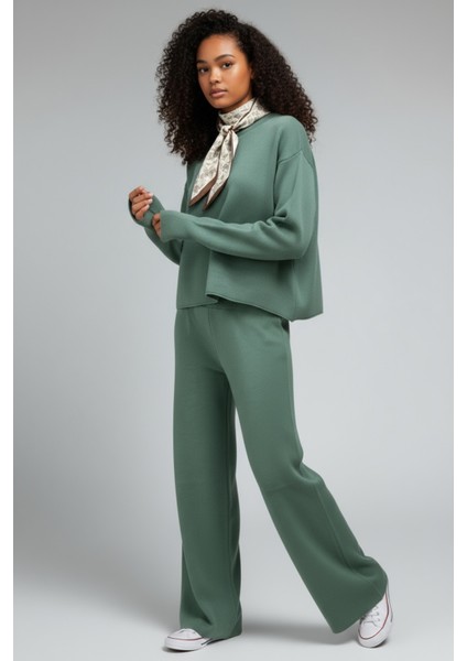 Fularlı Biskilet Yaka Geniş Paça Ikili Triko Set - Yeşil
