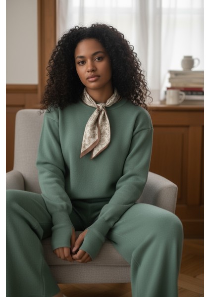 Fularlı Biskilet Yaka Geniş Paça Ikili Triko Set - Yeşil indirimleri