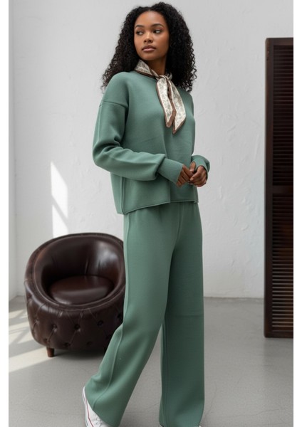 Fularlı Biskilet Yaka Geniş Paça Ikili Triko Set - Yeşil