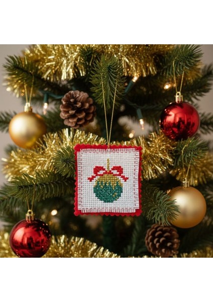 4266 El Yapımı Kanaviçe Işlemeli Yılbaşı Topu Temalı Yılbaşı Süsü