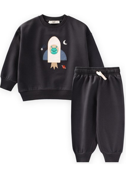 Roket Aplikeli Sweatshirt Takım 1-6 Yaş Antrasit