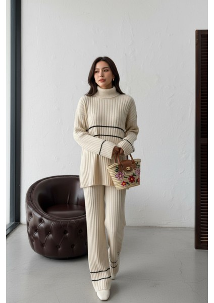 Ekru Çizgi Detaylı Balıkçı Boğazlı Fitilli Triko Ikili Takım Rahat Kalıp fiyatları