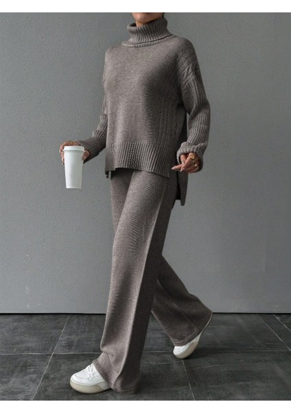 Kadın Fitilli Yaka Saç Örgü Desenli Yanlardan Yırtmaçlı Triko Takım Antrasit - Koyu Gri