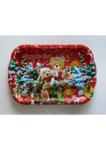Kırmızı Metal Yılbaşı Temalı Metal Sunum Tepsisi – Ayıcıklı Noel Dekoratif Servis Tepsisi 35X20