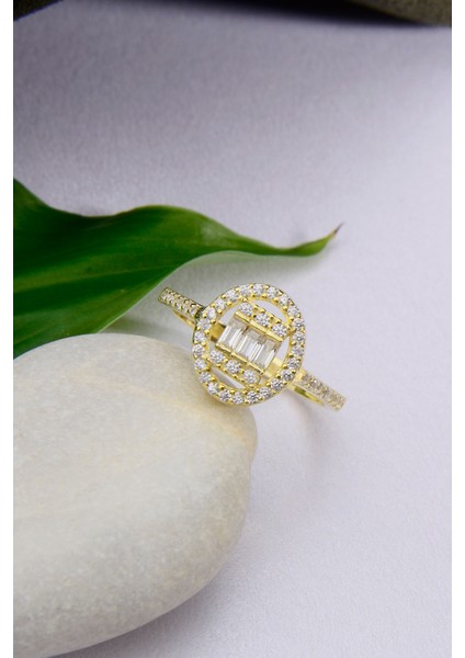 925 Ayar Gümüş Üzeri 22 Ayar Altın Kaplama Oval Taşlı Baget Yüzük