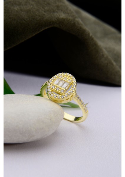 925 Ayar Gümüş Üzeri 22 Ayar Altın Kaplama Oval Taşlı Baget Yüzük modelleri