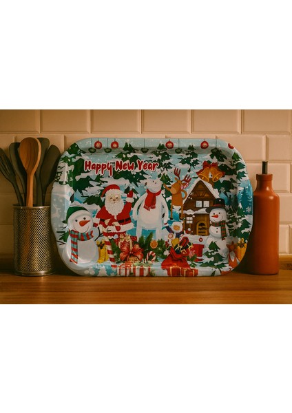 Happy New Year Yılbaşı Temalı Metal Sunum Tepsisi – Noel Figürlü Dekoratif Servis Tepsisi 35X20