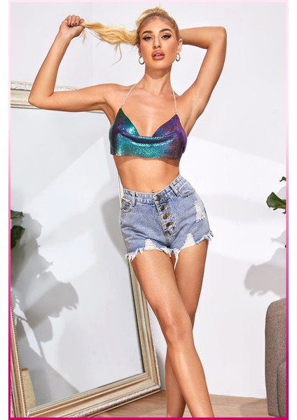 Kadın Parlak Taşlı Payetli Mini Crop Kayık Yaka Seksi Zincirli Bluz Zırh Büstiyer