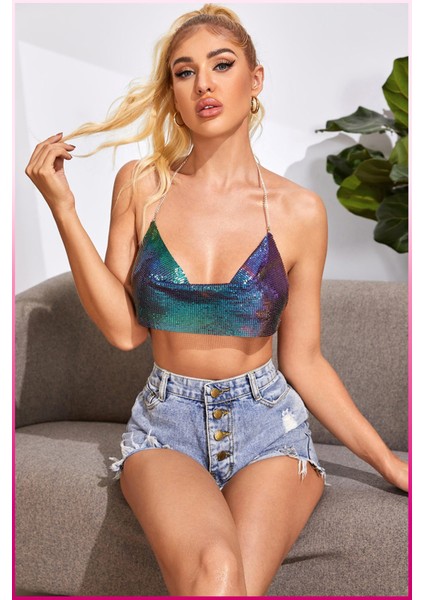 Kadın Parlak Taşlı Payetli Mini Crop Kayık Yaka Seksi Zincirli Bluz Zırh Büstiyer fiyatları