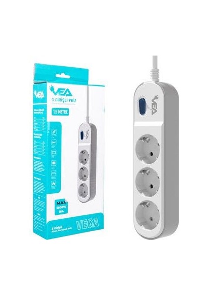 3 Girişli Akım Korumalı Priz 1.5 Metre Kablo Max 3500W 16A Açma/kapama Anahtarlı