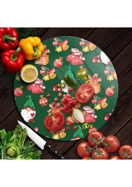 Cam Kesme Tahtası ve Sunumluk Yuvarlak Noel Yılbaşı Desenli 30 x 30 cm modelleri