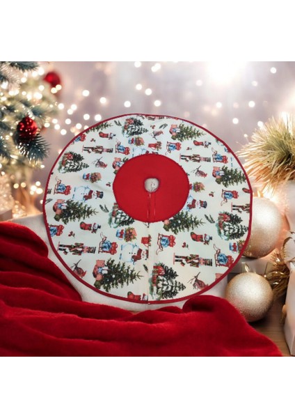 Krem Çam Ağacı ve Figürlü Yılbaşı Ayak Halısı, Yılbaşı Ağacı Altı Örtüsü, Yeniyıl Çam Ağacı Eteği Yıkanabilir Cırtlı