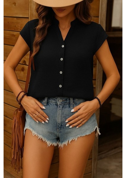 Kadın Kısa Kollu V Yakalı Önden Düğmeli Müslim Gömlek fiyatları