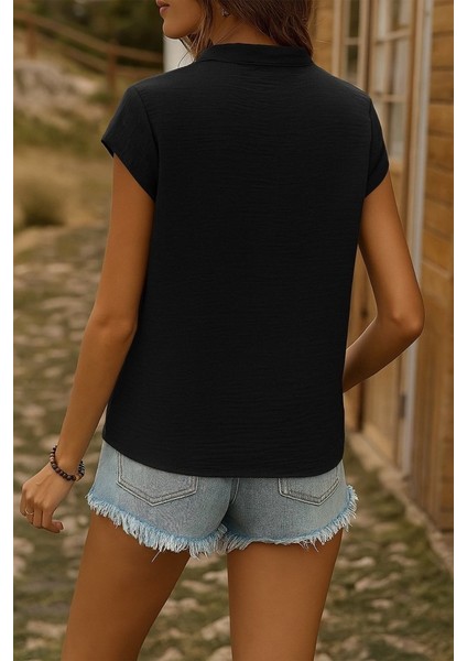 Kadın Kısa Kollu V Yakalı Önden Düğmeli Müslim Gömlek modelleri