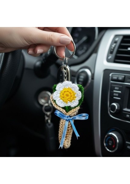 2770 El Yapımı Papatya Temalı Örgü Mini Anahtarlık