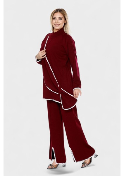 Asimetrik Şerit Desenleri ve Paça Yırtmaç Detaylarıyla Modern Tasarım Triko Ikili Takım - Bordo fırsatları