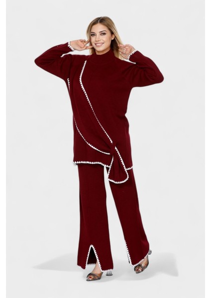 Asimetrik Şerit Desenleri ve Paça Yırtmaç Detaylarıyla Modern Tasarım Triko Ikili Takım - Bordo indirimleri