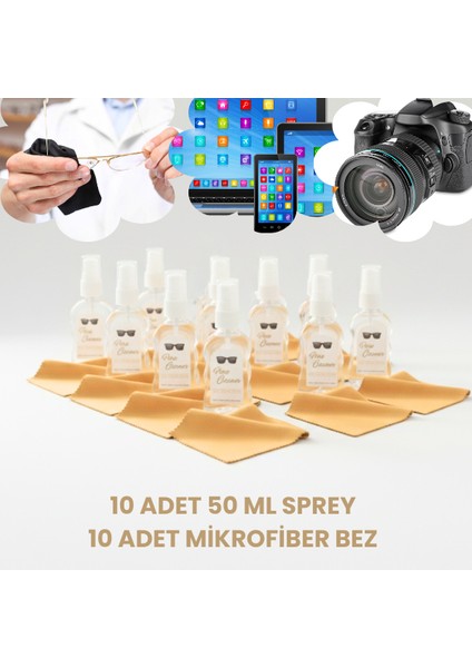 10 Adet Gözlük ve Ekran Temizleme Seti, 50 ml 10 Adet Sprey ve 10 Adet A Kalite Mikrofiber Bez