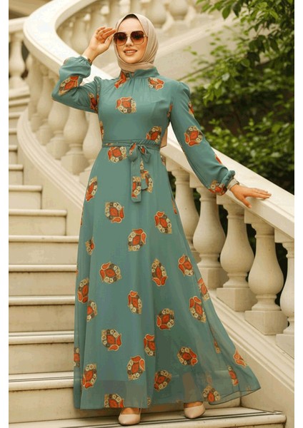 Çiçek Desenli Çağla Yeşili Tesettür Elbise 27937CY fırsatları