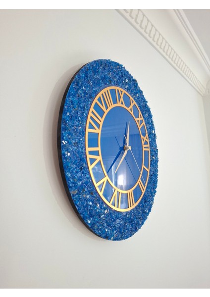 Duvar Saati - 35CM - Modern Dekoratif Duvar Saati - Epoksi Duvar Saati - El Yapımı Duvar Saati - Mavi+Gold Duvar Saati modelleri
