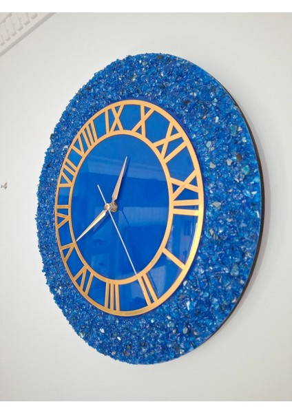 Duvar Saati - 35CM - Modern Dekoratif Duvar Saati - Epoksi Duvar Saati - El Yapımı Duvar Saati - Mavi+Gold Duvar Saati fırsatları