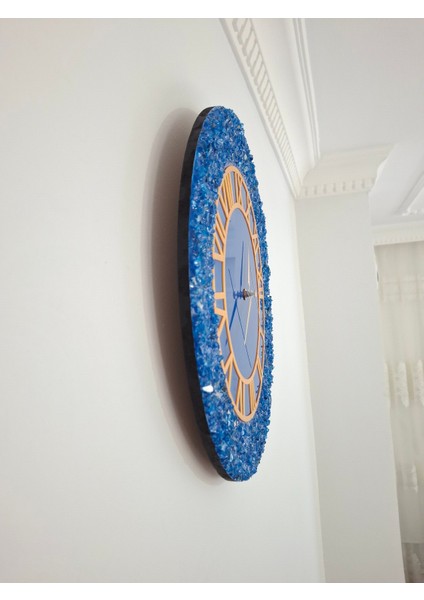 Duvar Saati - 35CM - Modern Dekoratif Duvar Saati - Epoksi Duvar Saati - El Yapımı Duvar Saati - Mavi+Gold Duvar Saati indirimleri