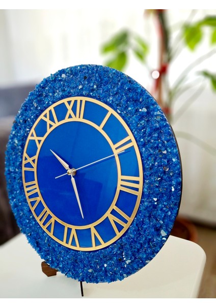 Duvar Saati - 35CM - Modern Dekoratif Duvar Saati - Epoksi Duvar Saati - El Yapımı Duvar Saati - Mavi+Gold Duvar Saati